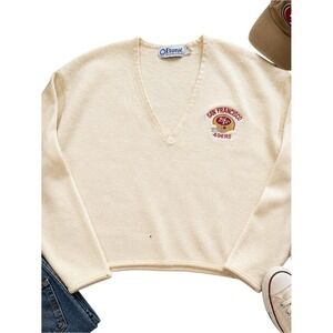 Etonic Vintage San Francisco 49ers Zephyr Wool V-Neck Sweater Cream L *HOLE*